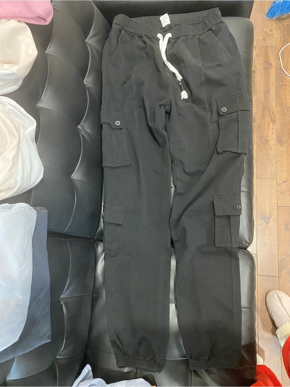 Fashion Nova Black Cargo Joggers with White Drawstring